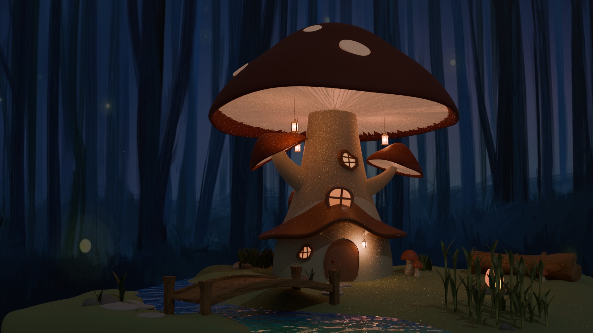 3D model gobje hišice v nočnem gozdu
